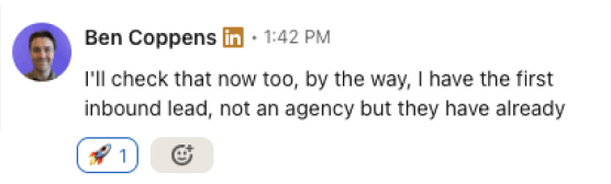 Ben Coppens LinkedIn DM, first inbound lead after 2-3 posts