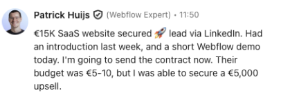 Patrick Huijs LinkedIn post, €15K SaaS website secured via LinkedIn